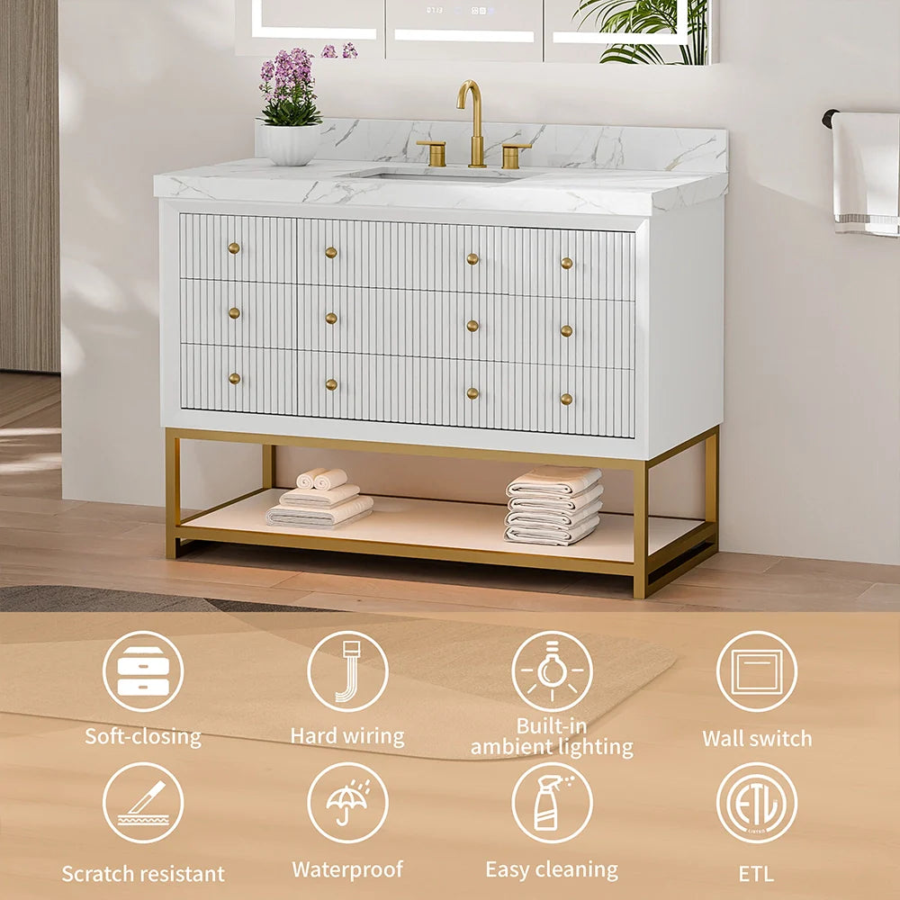 48-In Fluted Solid Wood Bathroom Vanity, PU Lacquer, Half-Frame Steel Base – Single Sink