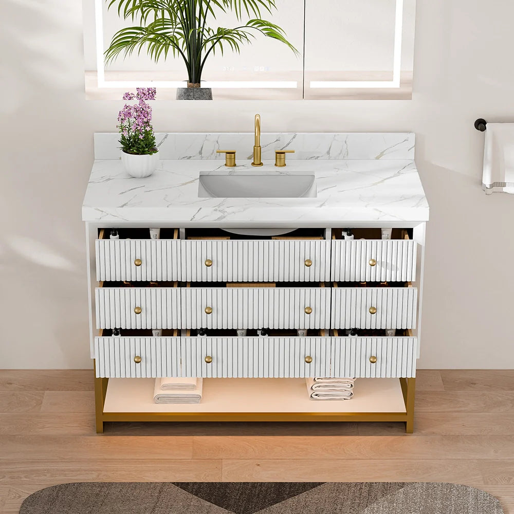 48-In Fluted Solid Wood Bathroom Vanity, PU Lacquer, Half-Frame Steel Base – Single Sink