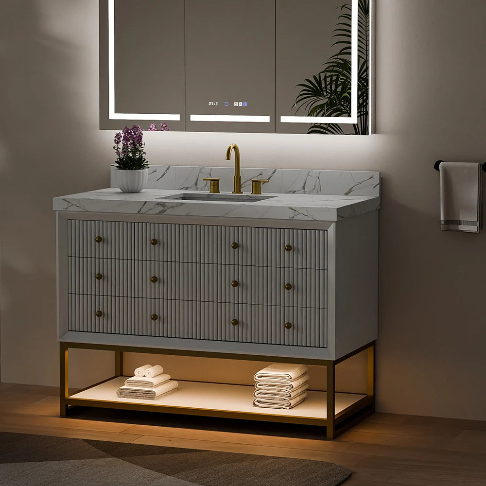 48-In Fluted Solid Wood Bathroom Vanity, PU Lacquer, Half-Frame Steel Base – Single Sink