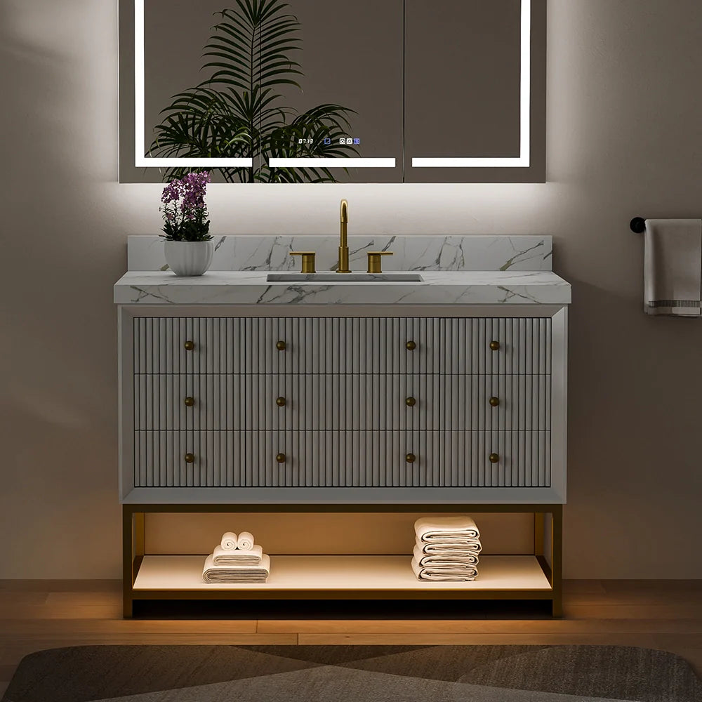 48-In Fluted Solid Wood Bathroom Vanity, PU Lacquer, Half-Frame Steel Base – Single Sink