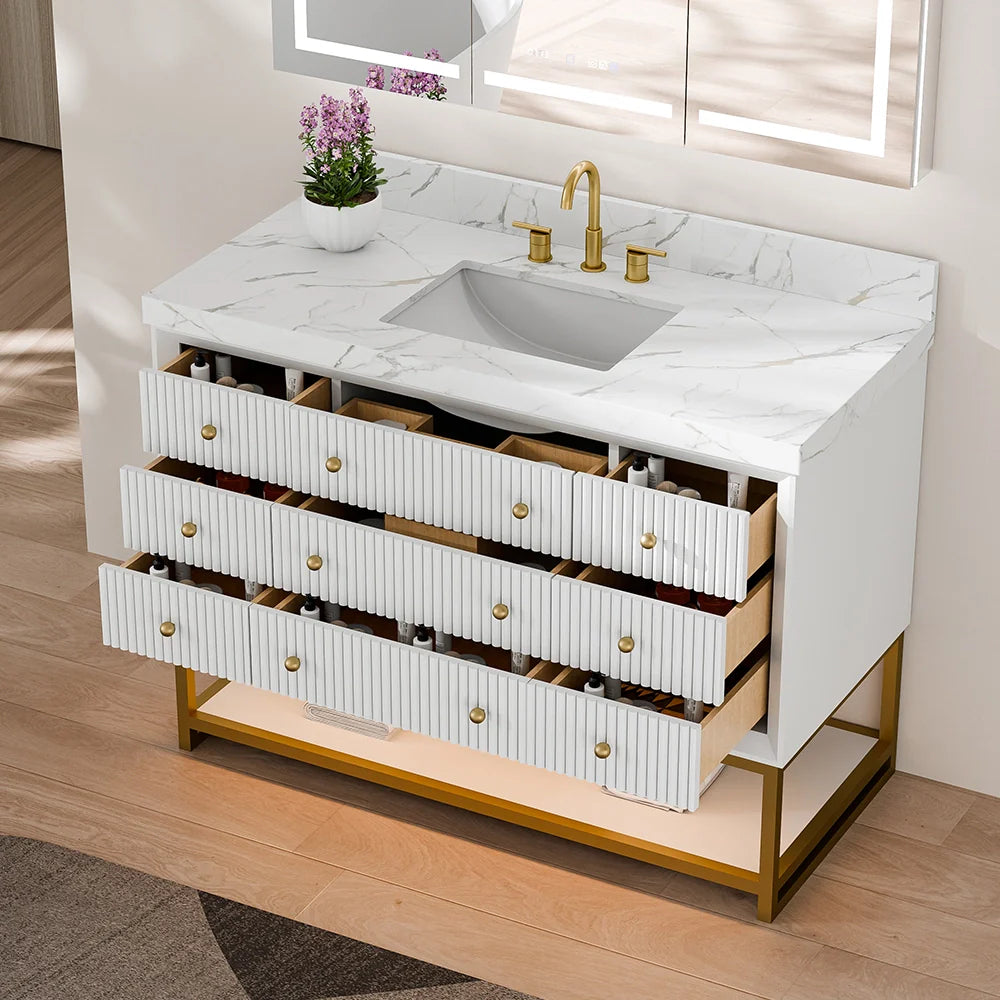 48-In Fluted Solid Wood Bathroom Vanity, PU Lacquer, Half-Frame Steel Base – Single Sink