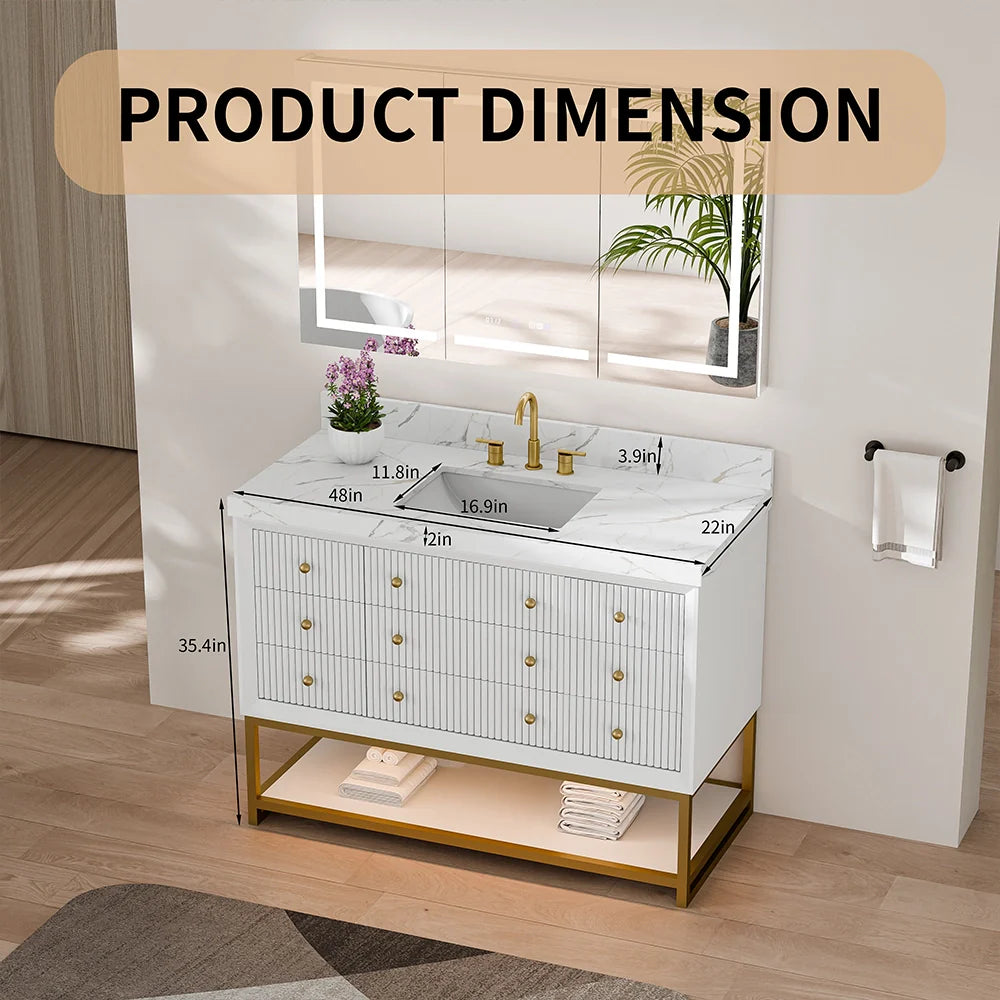 48-In Fluted Solid Wood Bathroom Vanity, PU Lacquer, Half-Frame Steel Base – Single Sink
