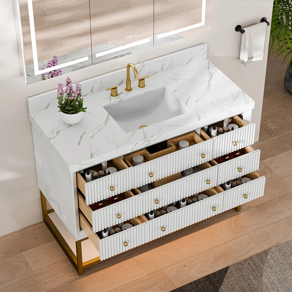 48-In Fluted Solid Wood Bathroom Vanity, PU Lacquer, Half-Frame Steel Base – Single Sink