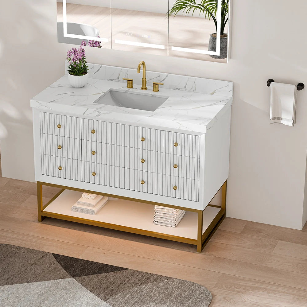 48-In Fluted Solid Wood Bathroom Vanity, PU Lacquer, Half-Frame Steel Base – Single Sink