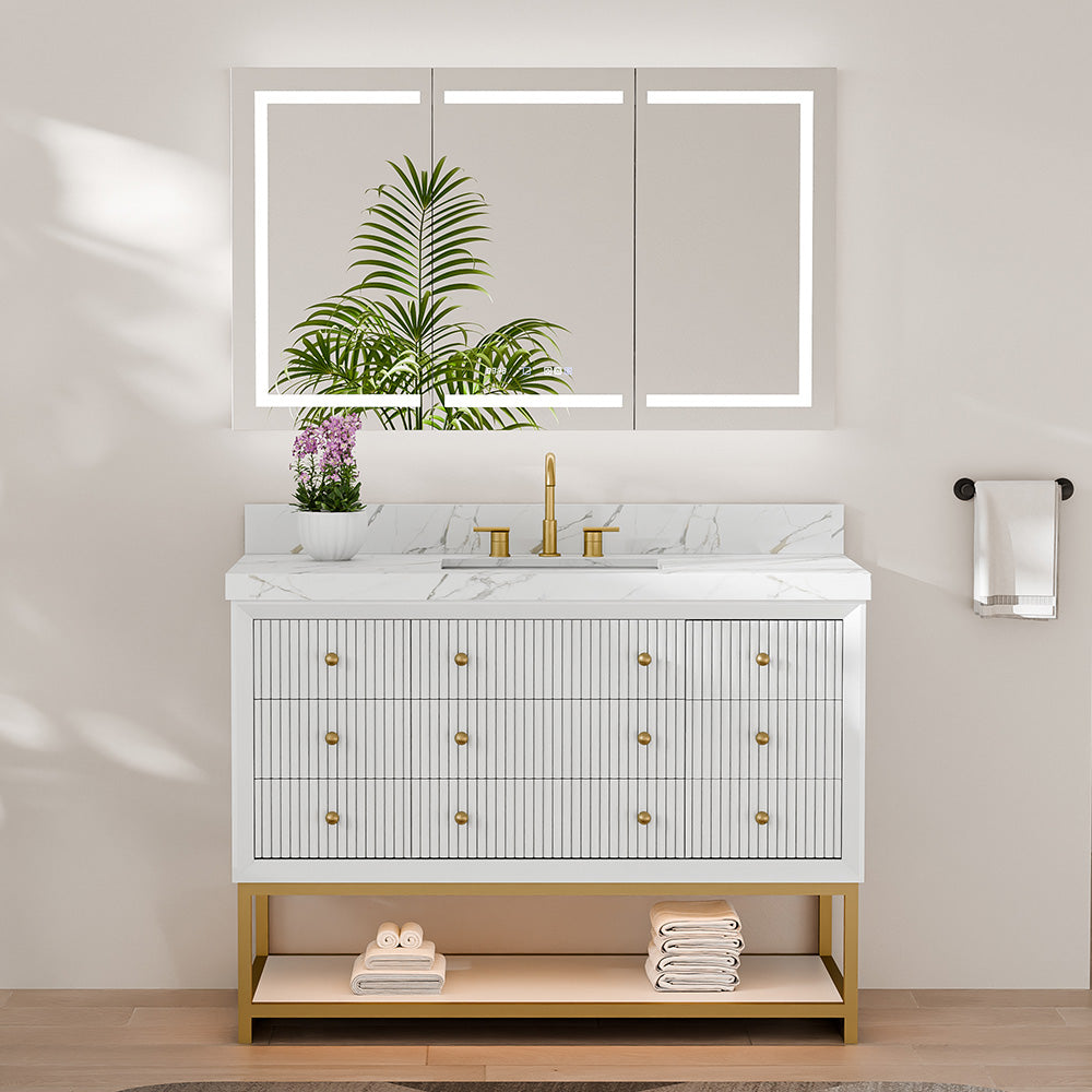 48-In Fluted Solid Wood Bathroom Vanity, PU Lacquer, Half-Frame Steel Base – Single Sink