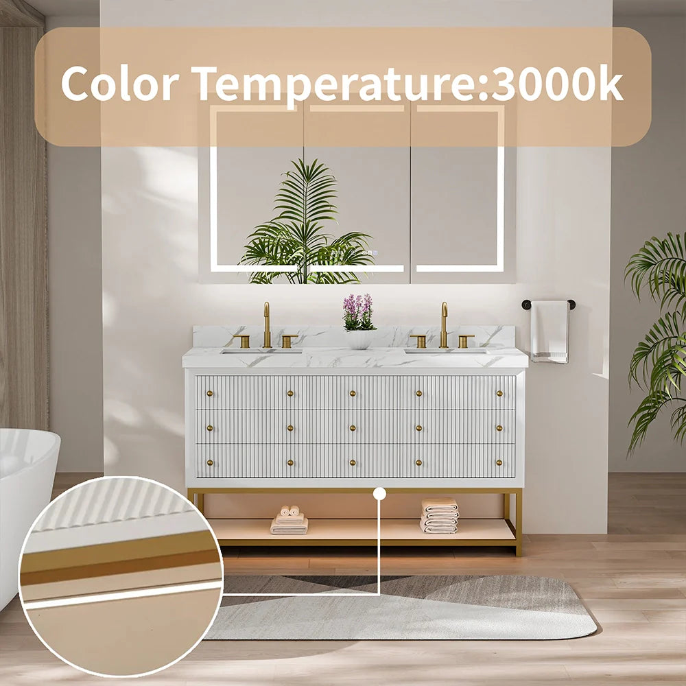 60-In Fluted Solid Wood Bathroom Vanity, PU Lacquer, Half-Frame Steel Base – Double Sink