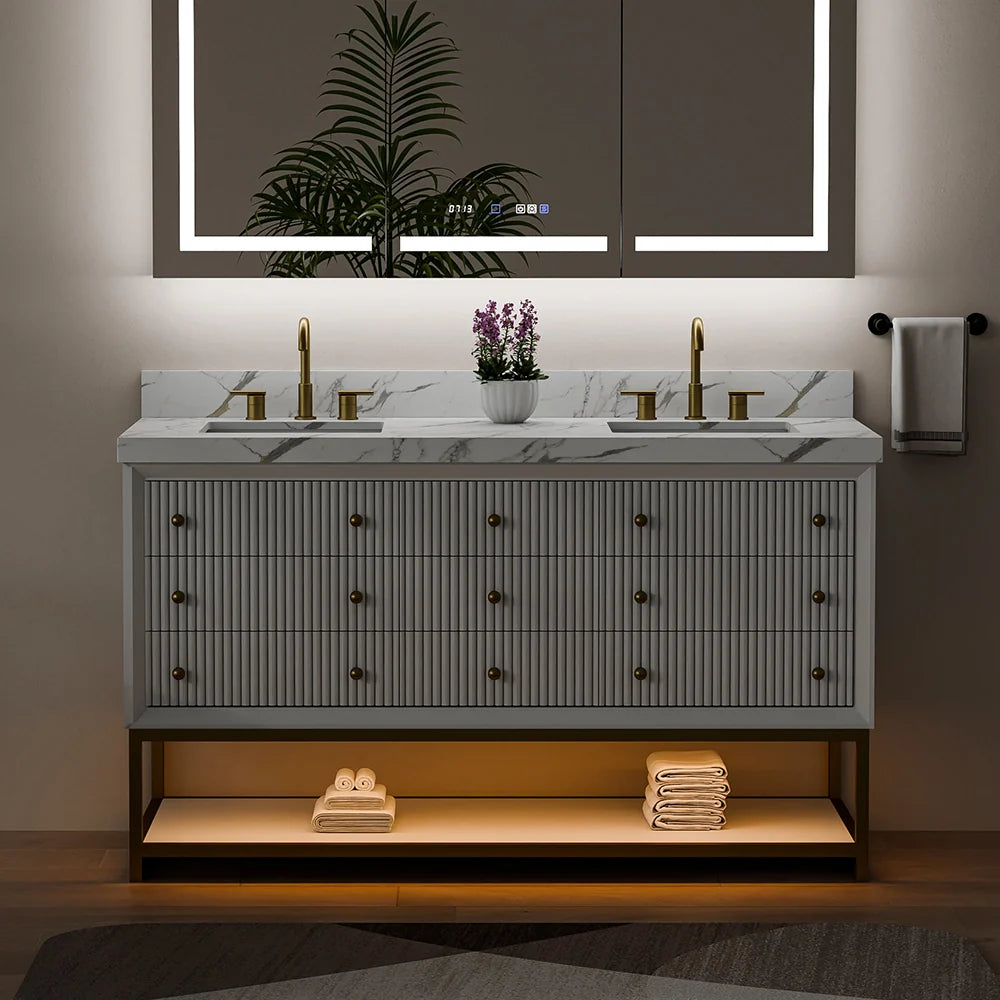 60-In Fluted Solid Wood Bathroom Vanity, PU Lacquer, Half-Frame Steel Base – Double Sink