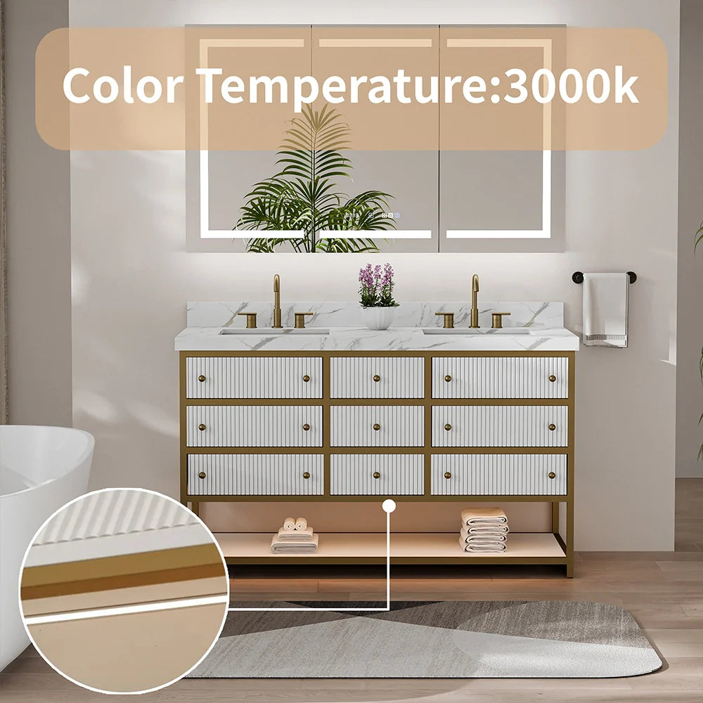 60-In Fluted Solid Wood Luxury Gold Bathroom Vanity, PU Lacquer – Double Sink