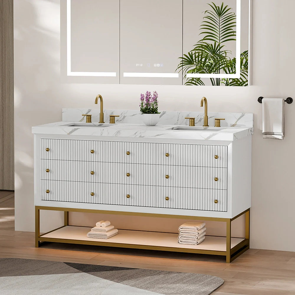 60-In Fluted Solid Wood Bathroom Vanity, PU Lacquer, Half-Frame Steel Base – Double Sink