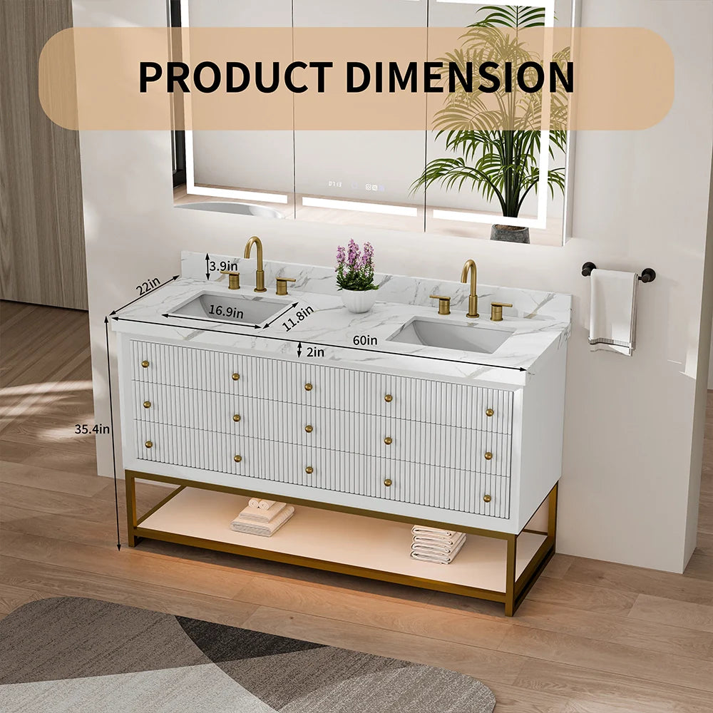 60-In Fluted Solid Wood Bathroom Vanity, PU Lacquer, Half-Frame Steel Base – Double Sink