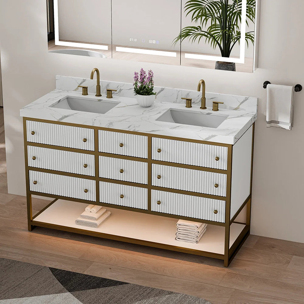 60-In Fluted Solid Wood Luxury Gold Bathroom Vanity, PU Lacquer – Double Sink
