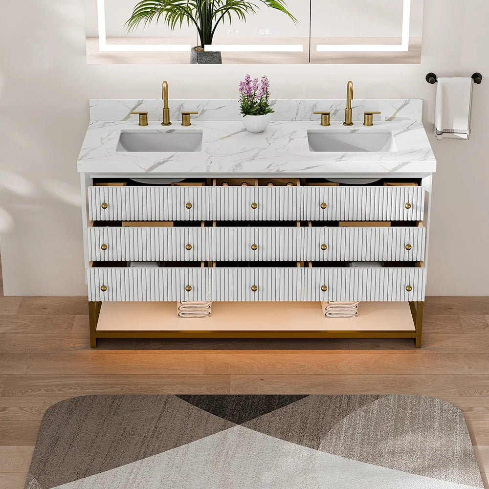 60-In Fluted Solid Wood Bathroom Vanity, PU Lacquer, Half-Frame Steel Base – Double Sink