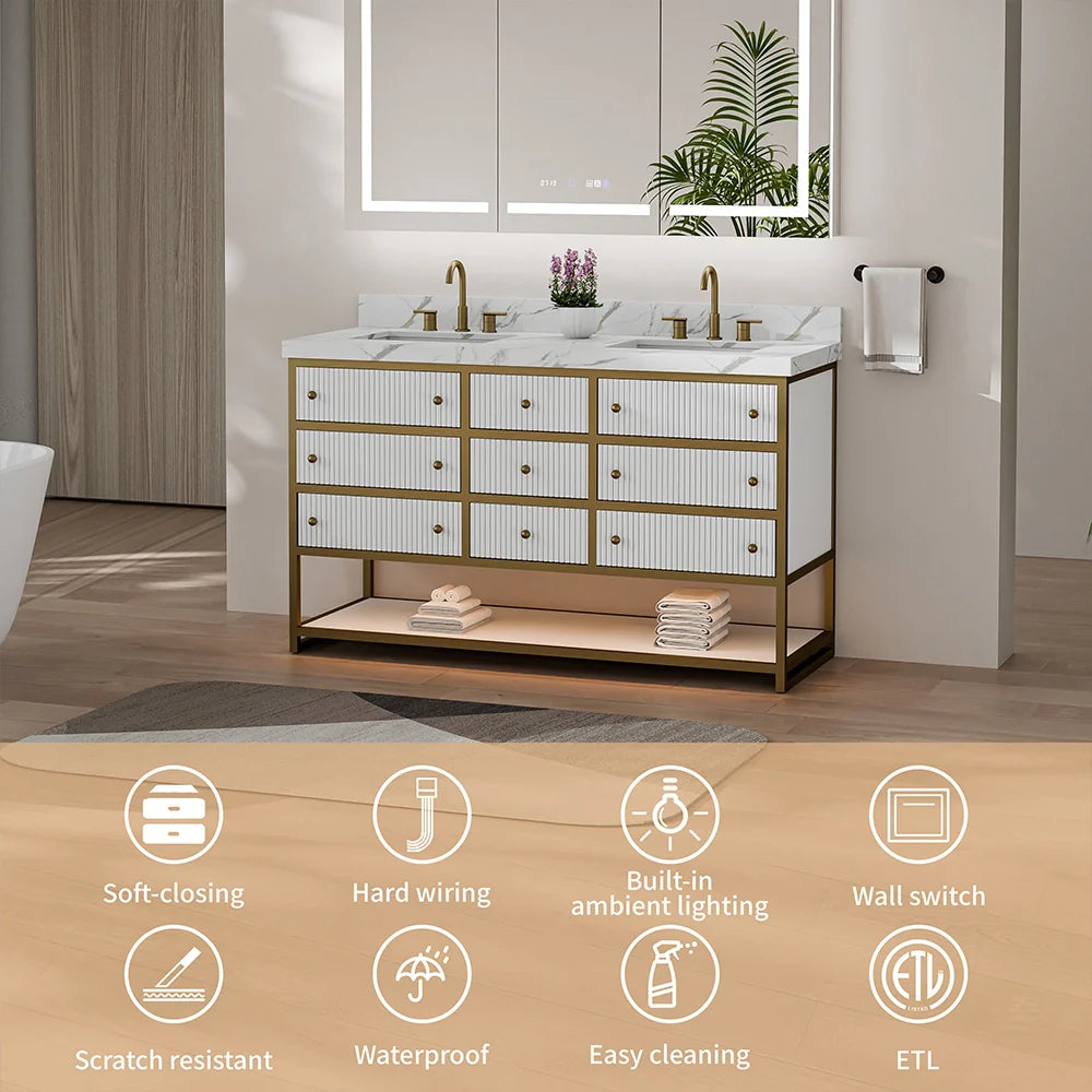 60-In Fluted Solid Wood Luxury Gold Bathroom Vanity, PU Lacquer – Double Sink