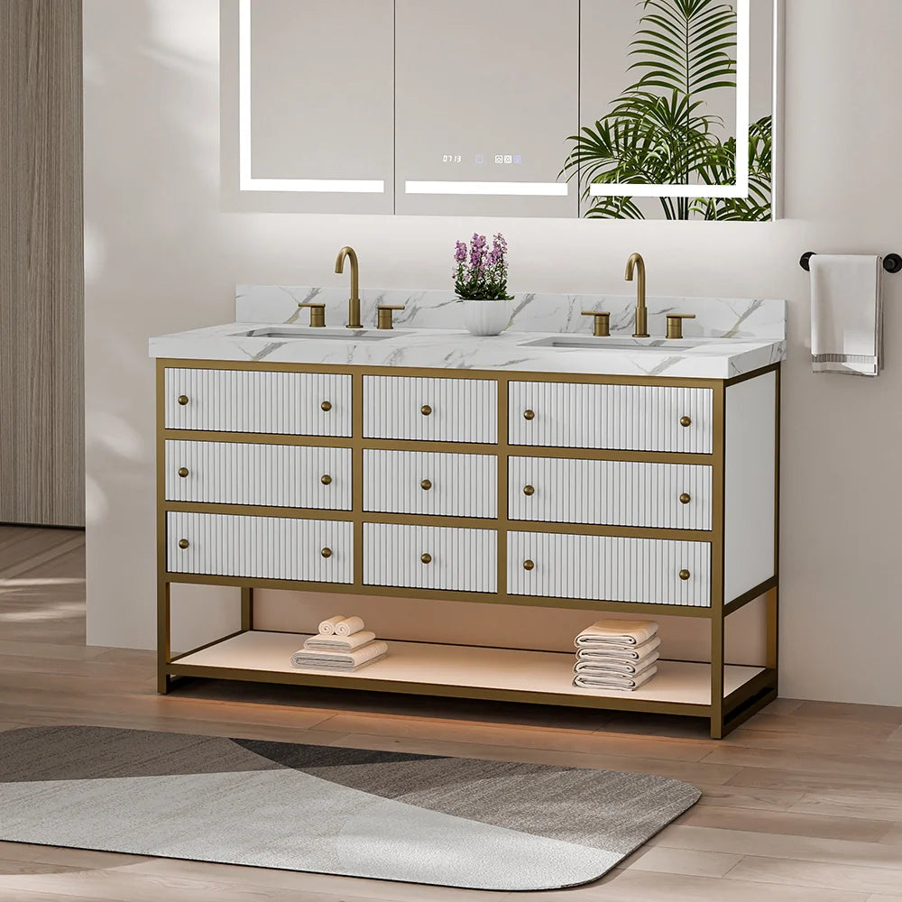 60-In Fluted Solid Wood Luxury Gold Bathroom Vanity, PU Lacquer – Double Sink