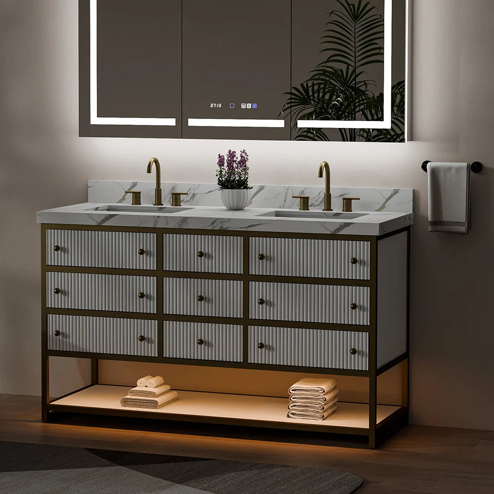 60-In Fluted Solid Wood Luxury Gold Bathroom Vanity, PU Lacquer – Double Sink