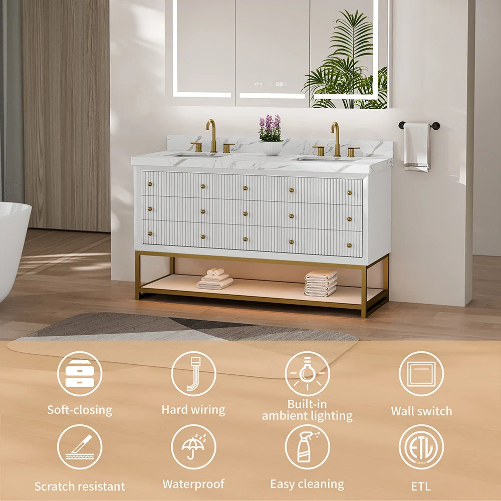 60-In Fluted Solid Wood Bathroom Vanity, PU Lacquer, Half-Frame Steel Base – Double Sink