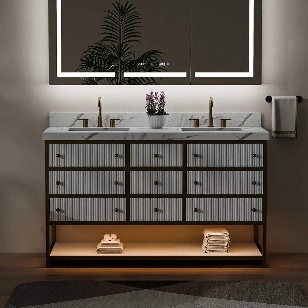 60-In Fluted Solid Wood Luxury Gold Bathroom Vanity, PU Lacquer – Double Sink
