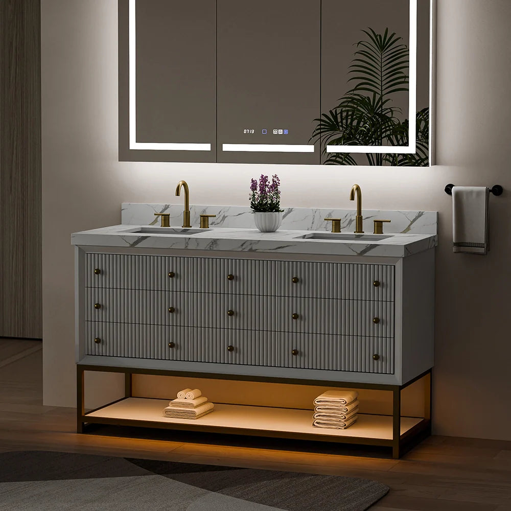60-In Fluted Solid Wood Bathroom Vanity, PU Lacquer, Half-Frame Steel Base – Double Sink