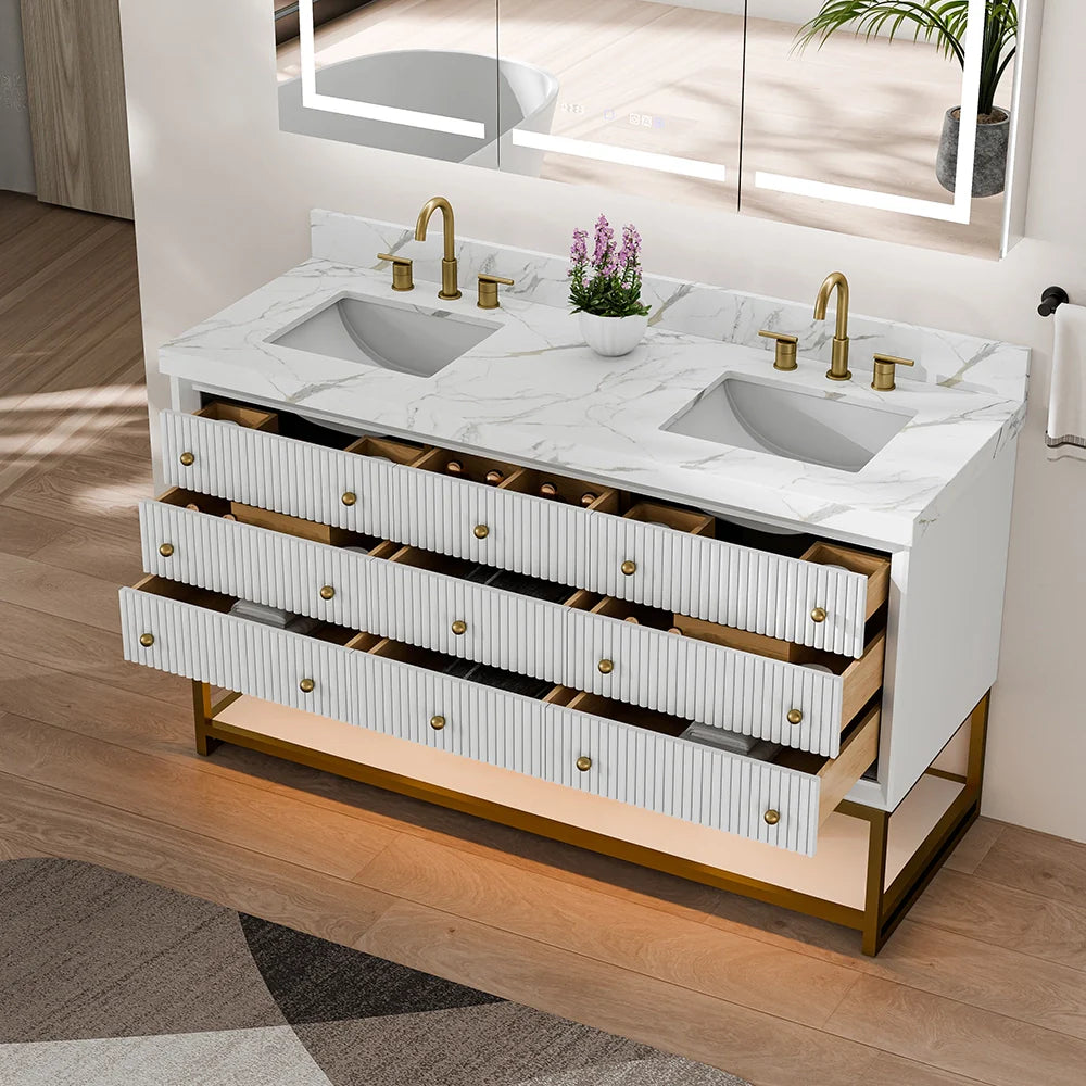 60-In Fluted Solid Wood Bathroom Vanity, PU Lacquer, Half-Frame Steel Base – Double Sink