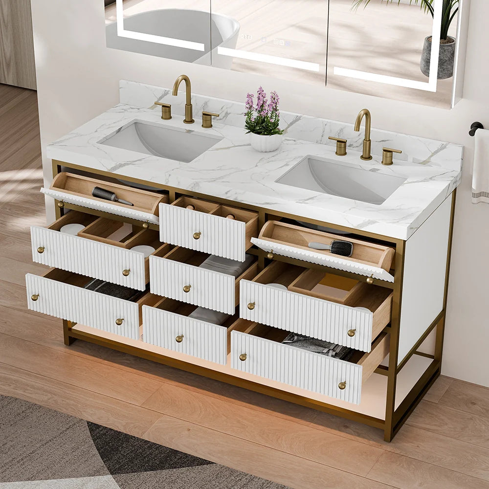 60-In Fluted Solid Wood Luxury Gold Bathroom Vanity, PU Lacquer – Double Sink