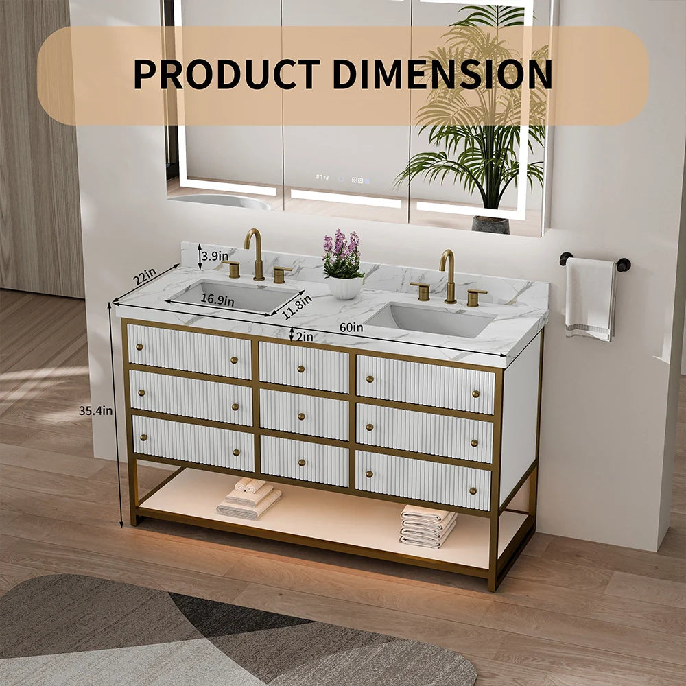60-In Fluted Solid Wood Luxury Gold Bathroom Vanity, PU Lacquer – Double Sink