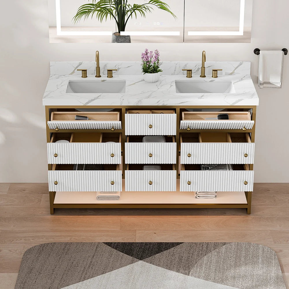 60-In Fluted Solid Wood Luxury Gold Bathroom Vanity, PU Lacquer – Double Sink