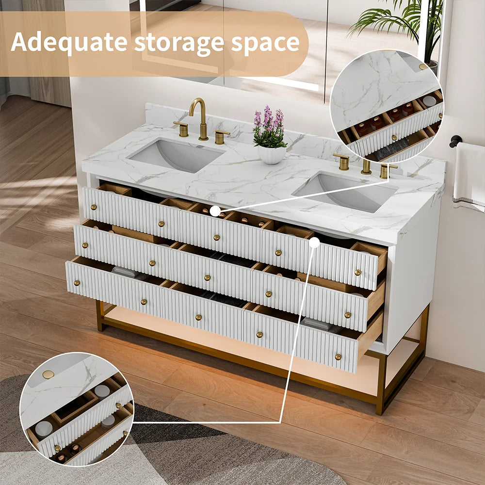 60-In Fluted Solid Wood Bathroom Vanity, PU Lacquer, Half-Frame Steel Base – Double Sink