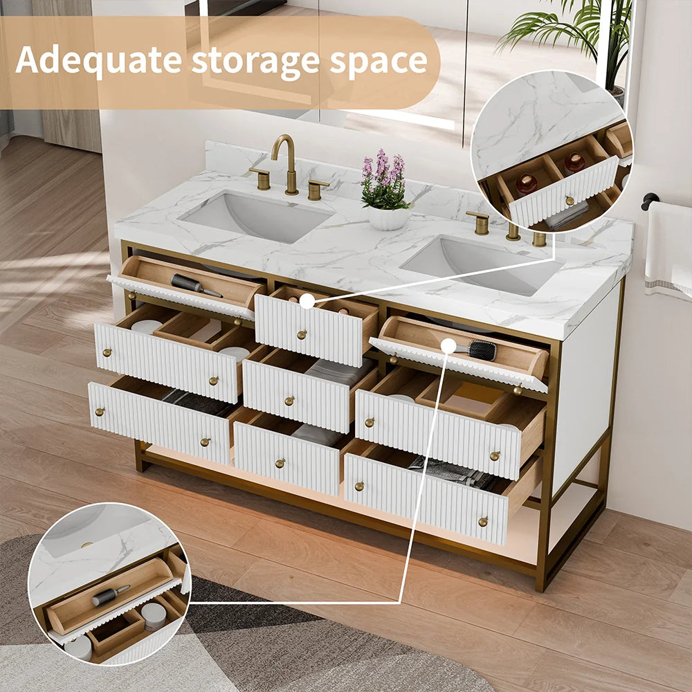 60-In Fluted Solid Wood Luxury Gold Bathroom Vanity, PU Lacquer – Double Sink