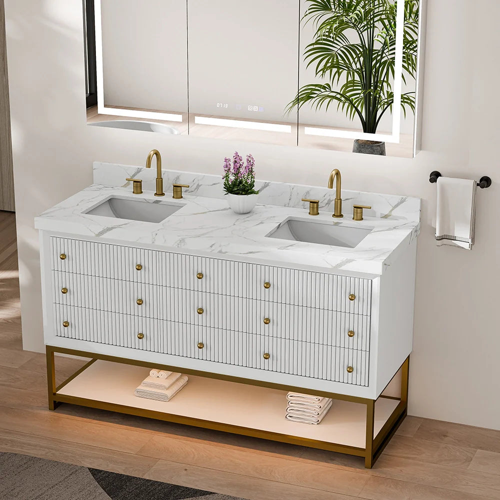 60-In Fluted Solid Wood Bathroom Vanity, PU Lacquer, Half-Frame Steel Base – Double Sink
