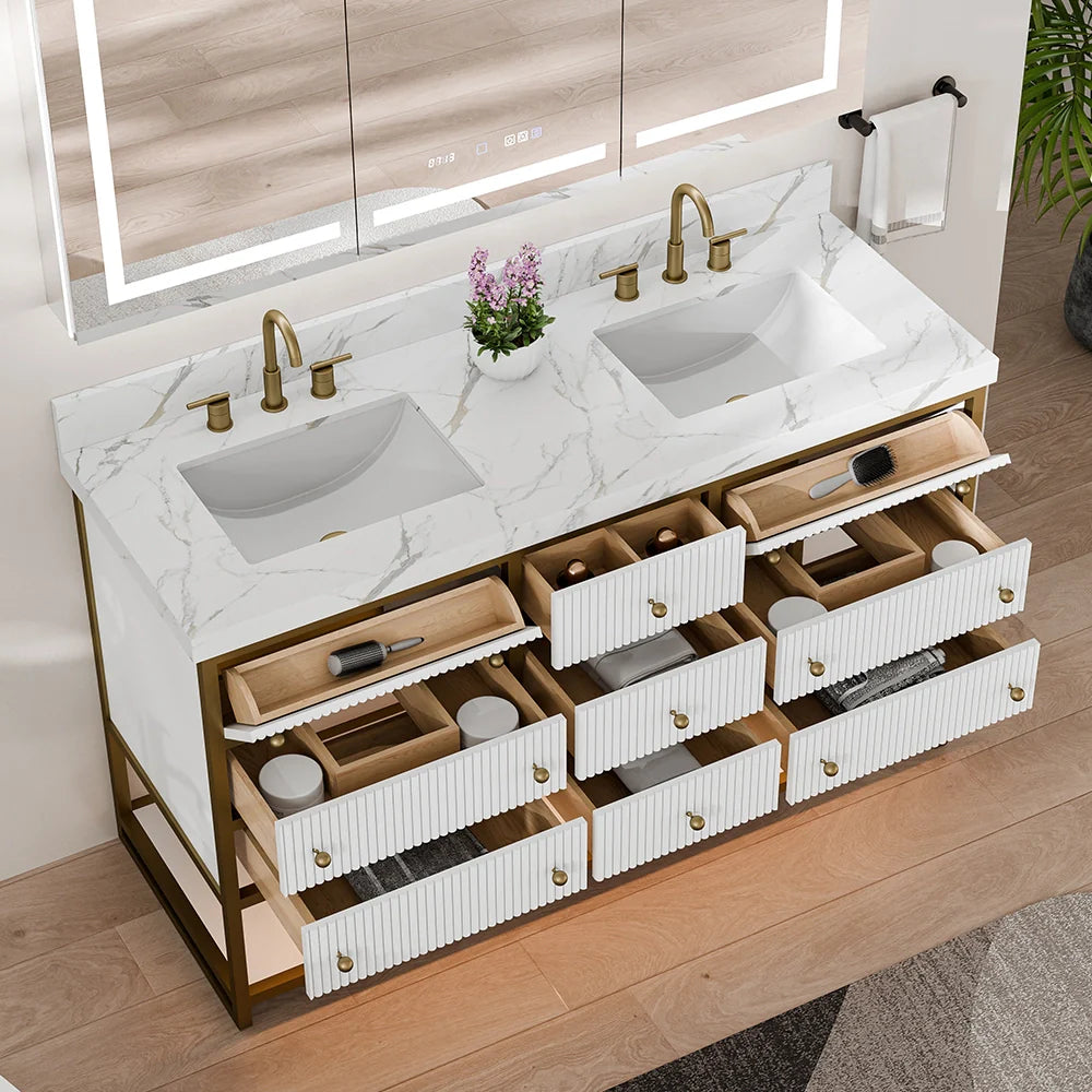 60-In Fluted Solid Wood Luxury Gold Bathroom Vanity, PU Lacquer – Double Sink