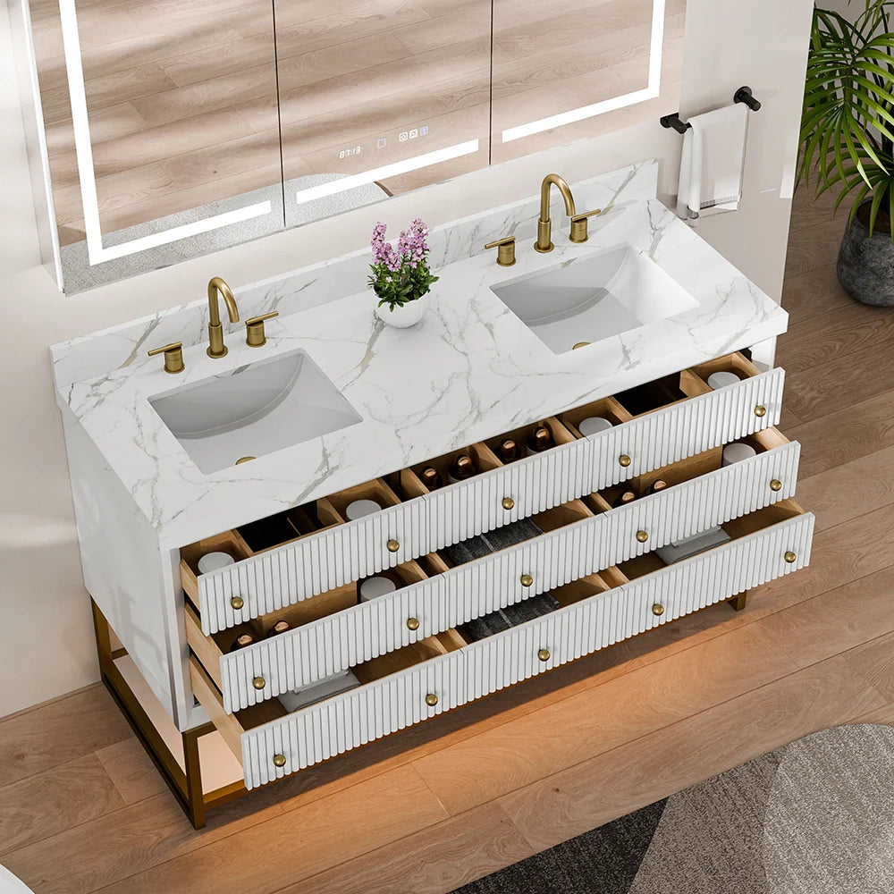 60-In Fluted Solid Wood Bathroom Vanity, PU Lacquer, Half-Frame Steel Base – Double Sink
