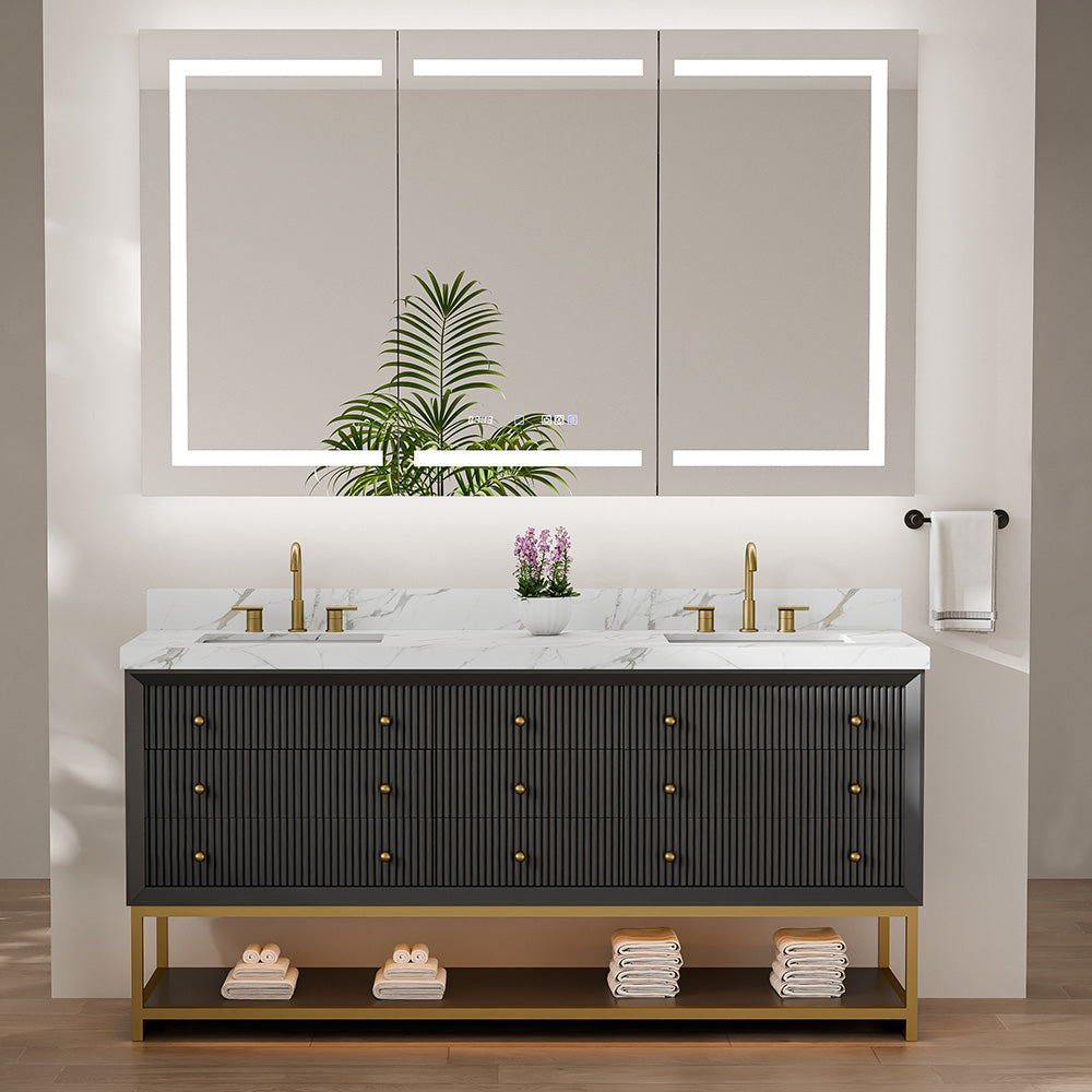 72-In Fluted Solid Wood Bathroom Vanity, PU Lacquer, Half-Frame Steel Base – Double Sink
