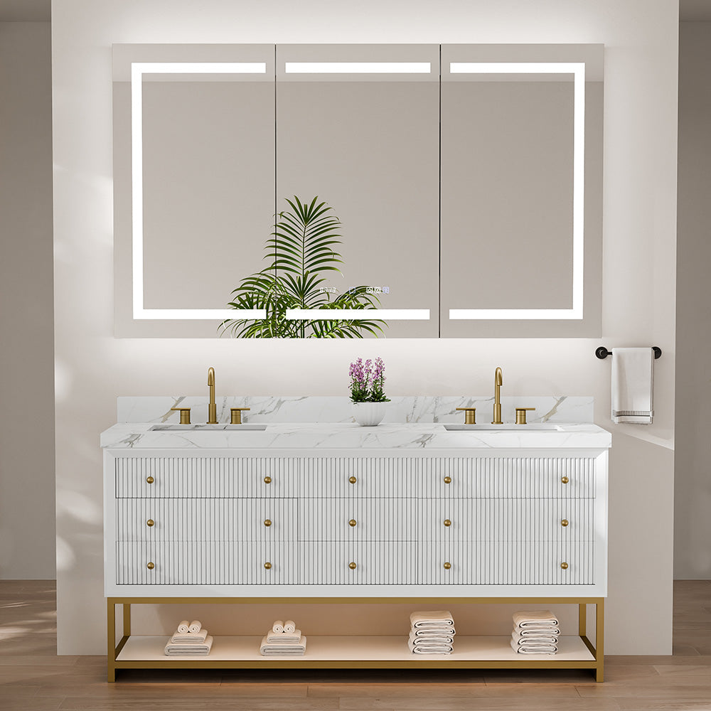 72-In Fluted Solid Wood Bathroom Vanity, PU Lacquer, Half-Frame Steel Base – Double Sink