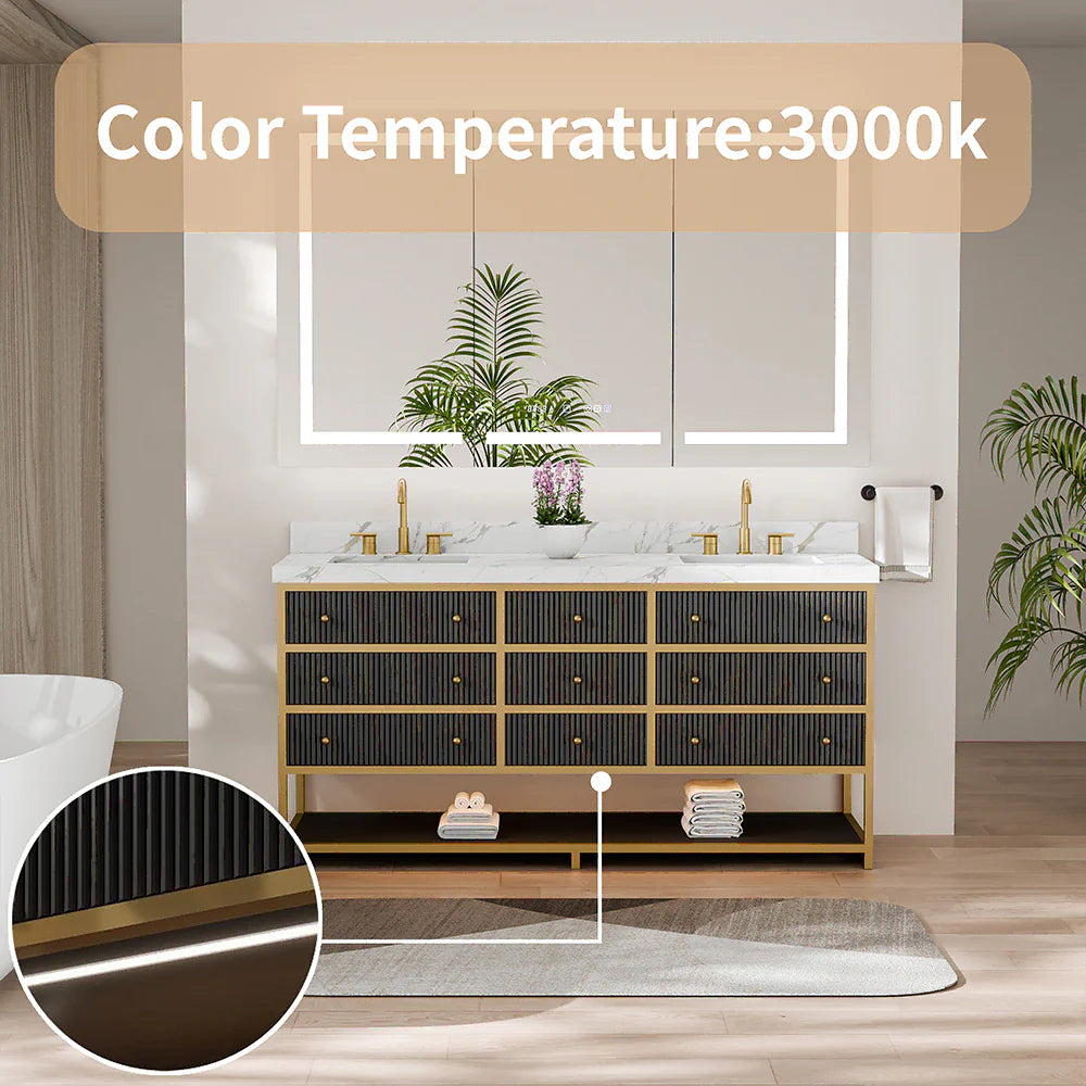 72-In Fluted Solid Wood Luxury Gold Bathroom Vanity, PU Lacquer – Double Sink
