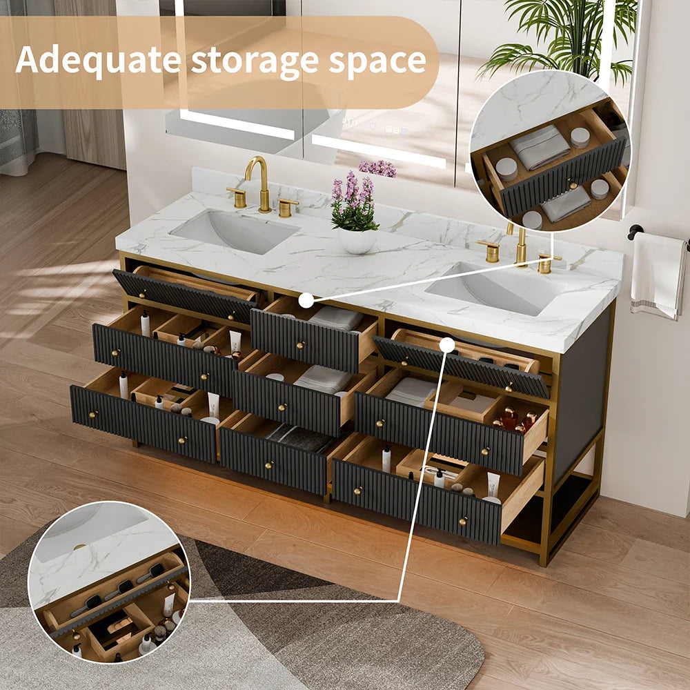 72-In Fluted Solid Wood Luxury Gold Bathroom Vanity, PU Lacquer – Double Sink