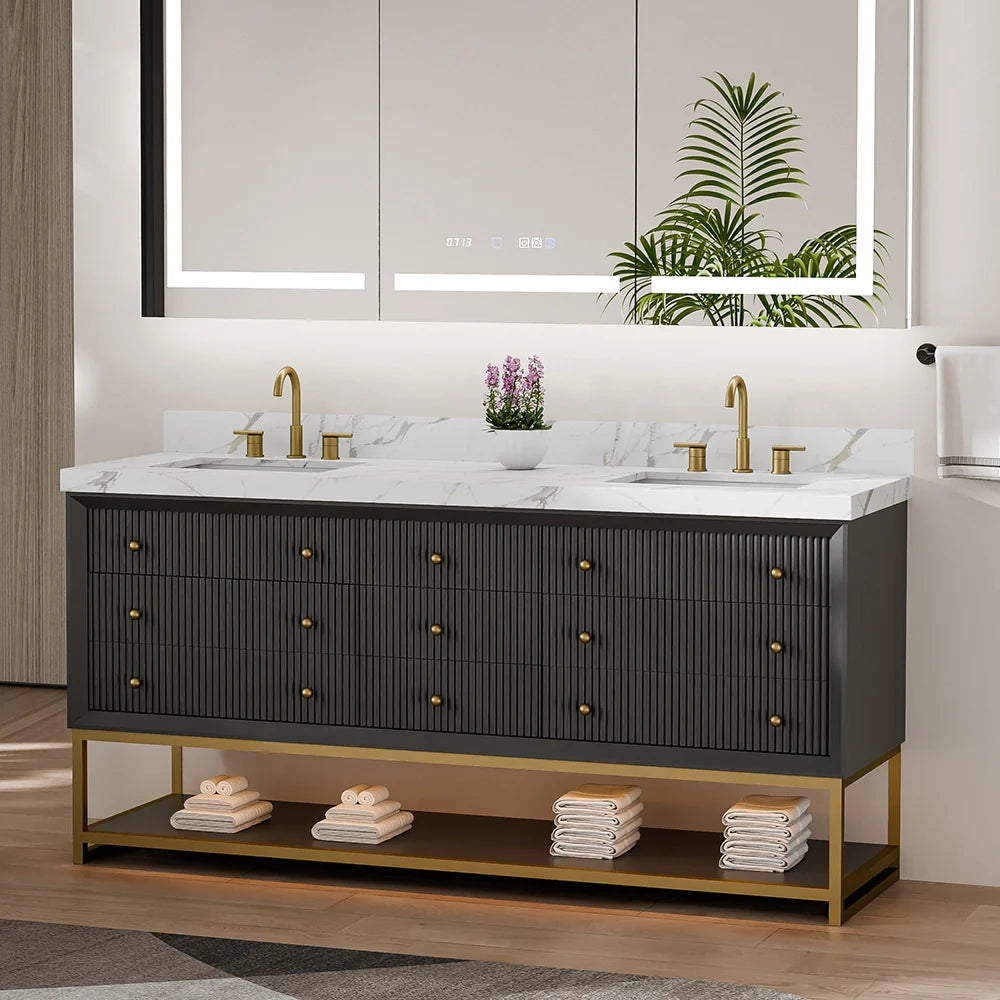 72-In Fluted Solid Wood Bathroom Vanity, PU Lacquer, Half-Frame Steel Base – Double Sink