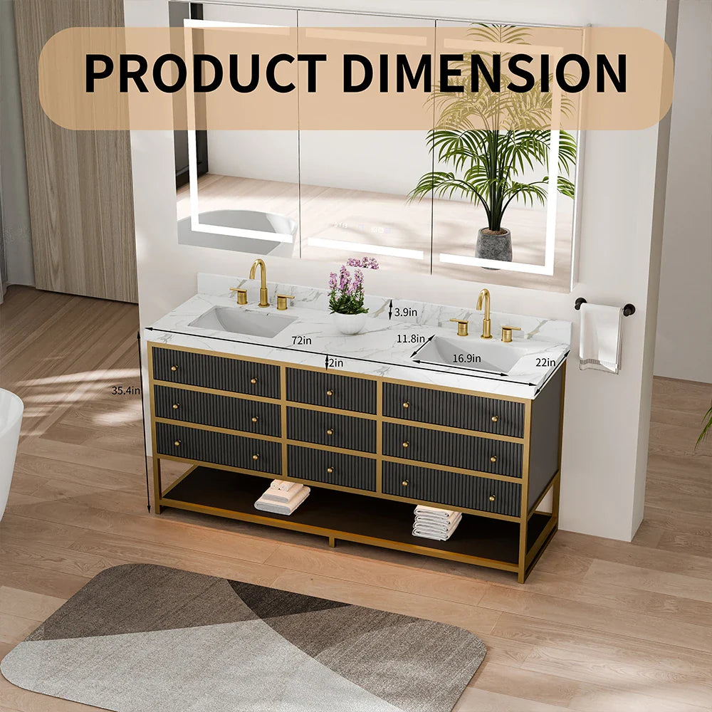 72-In Fluted Solid Wood Luxury Gold Bathroom Vanity, PU Lacquer – Double Sink