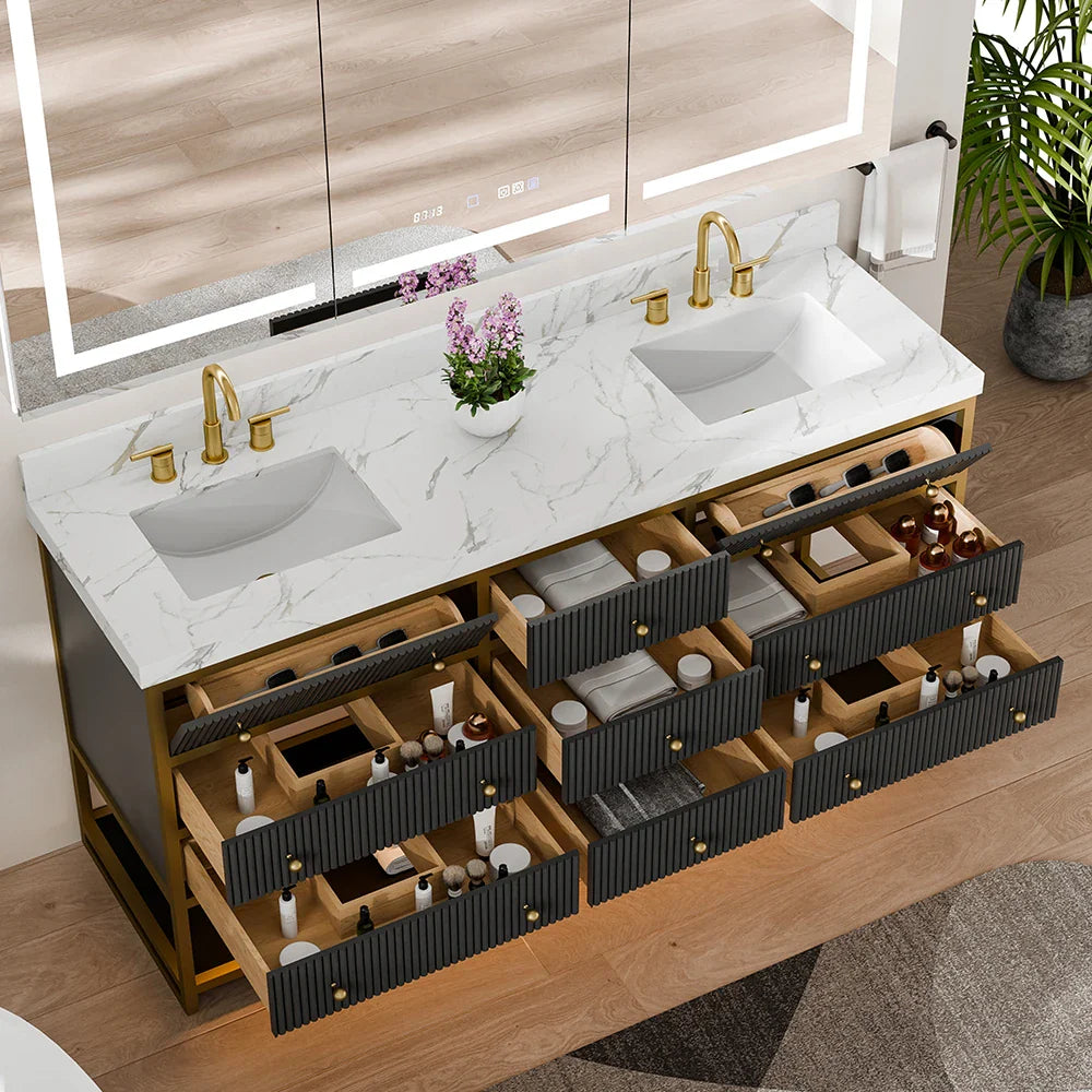 72-In Fluted Solid Wood Luxury Gold Bathroom Vanity, PU Lacquer – Double Sink