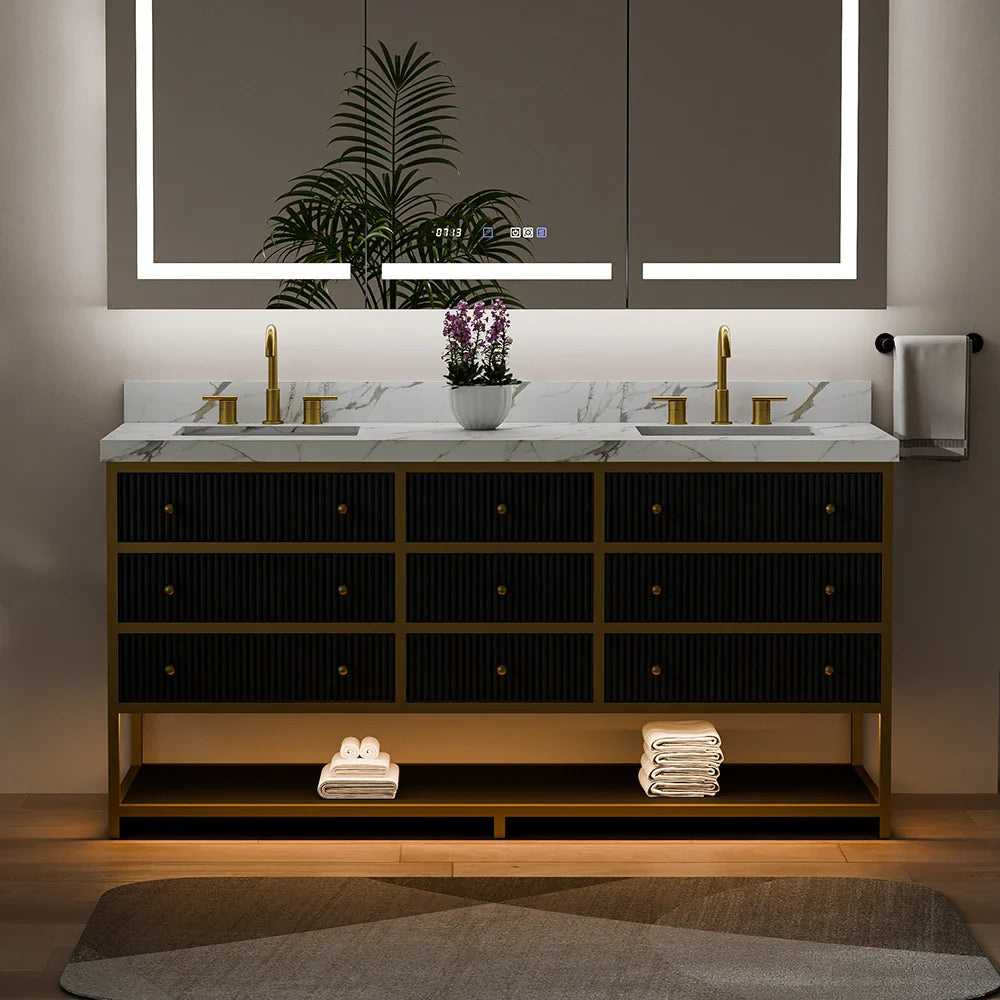 72-In Fluted Solid Wood Luxury Gold Bathroom Vanity, PU Lacquer – Double Sink