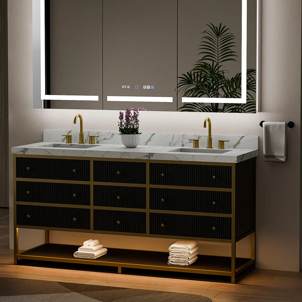72-In Fluted Solid Wood Luxury Gold Bathroom Vanity, PU Lacquer – Double Sink