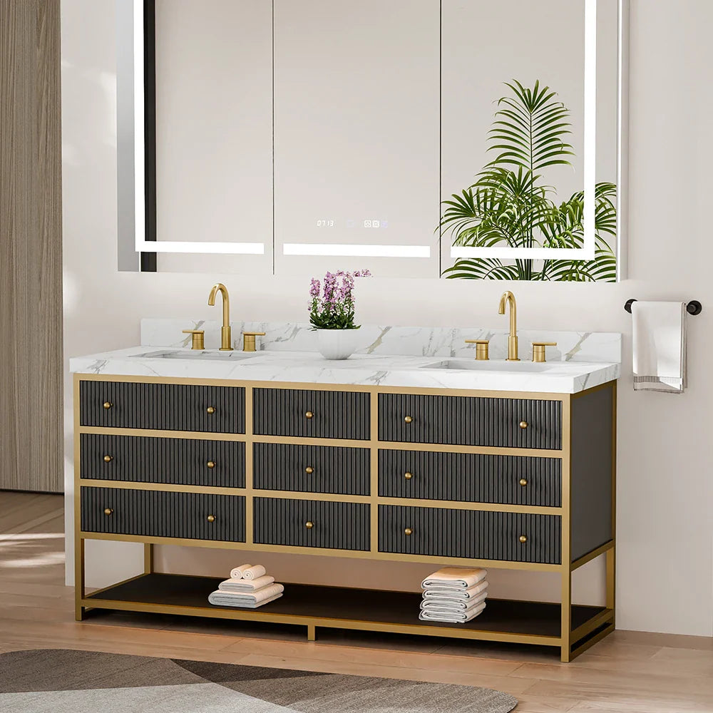 72-In Fluted Solid Wood Luxury Gold Bathroom Vanity, PU Lacquer – Double Sink