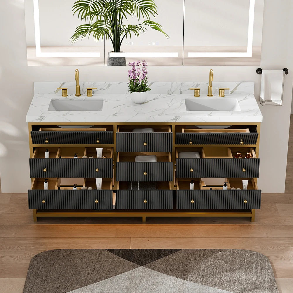 72-In Fluted Solid Wood Luxury Gold Bathroom Vanity, PU Lacquer – Double Sink