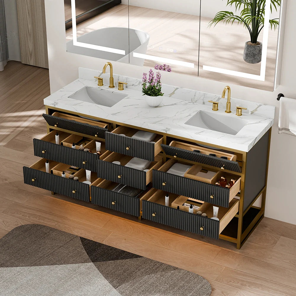 72-In Fluted Solid Wood Luxury Gold Bathroom Vanity, PU Lacquer – Double Sink