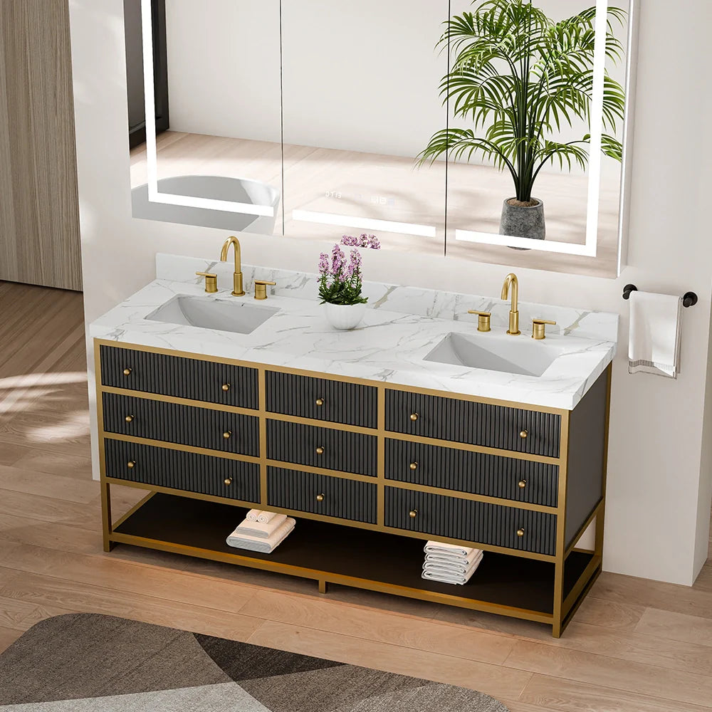 72-In Fluted Solid Wood Luxury Gold Bathroom Vanity, PU Lacquer – Double Sink