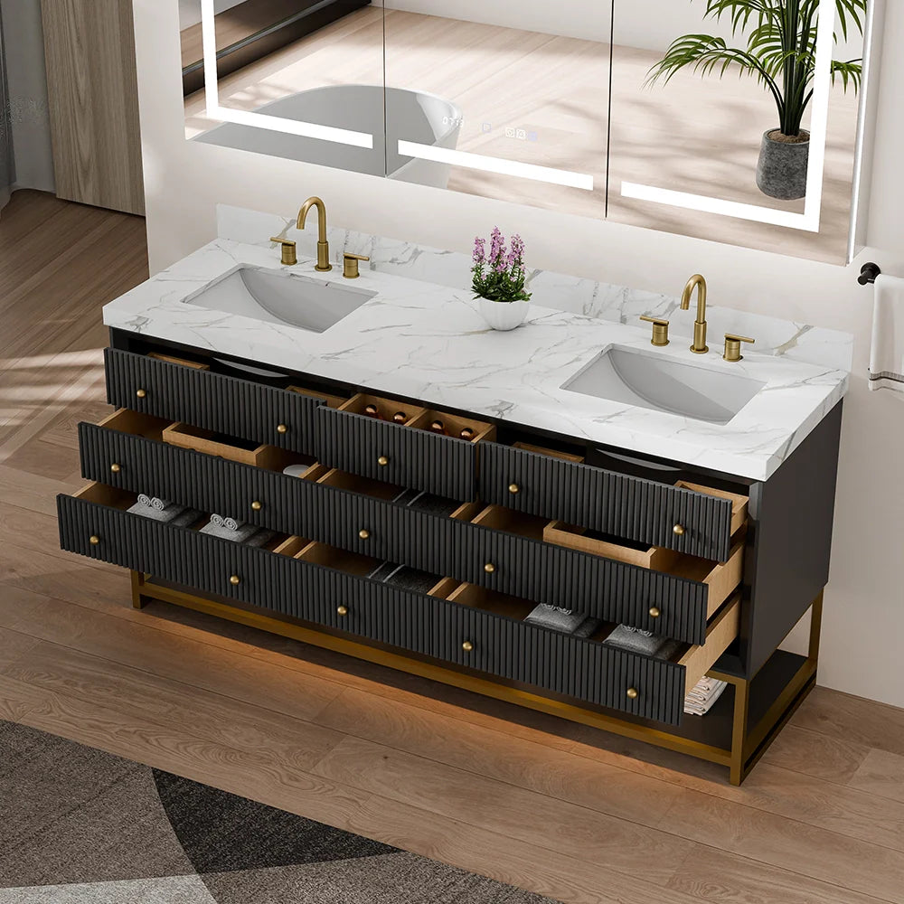 72-In Fluted Solid Wood Bathroom Vanity, PU Lacquer, Half-Frame Steel Base – Double Sink