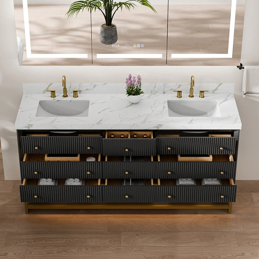 72-In Fluted Solid Wood Bathroom Vanity, PU Lacquer, Half-Frame Steel Base – Double Sink