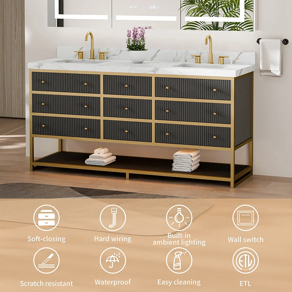72-In Fluted Solid Wood Luxury Gold Bathroom Vanity, PU Lacquer – Double Sink