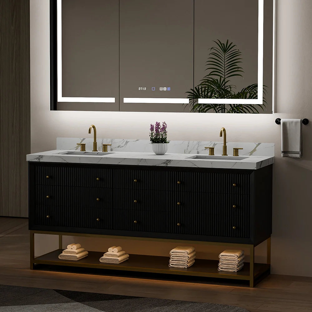 72-In Fluted Solid Wood Bathroom Vanity, PU Lacquer, Half-Frame Steel Base – Double Sink
