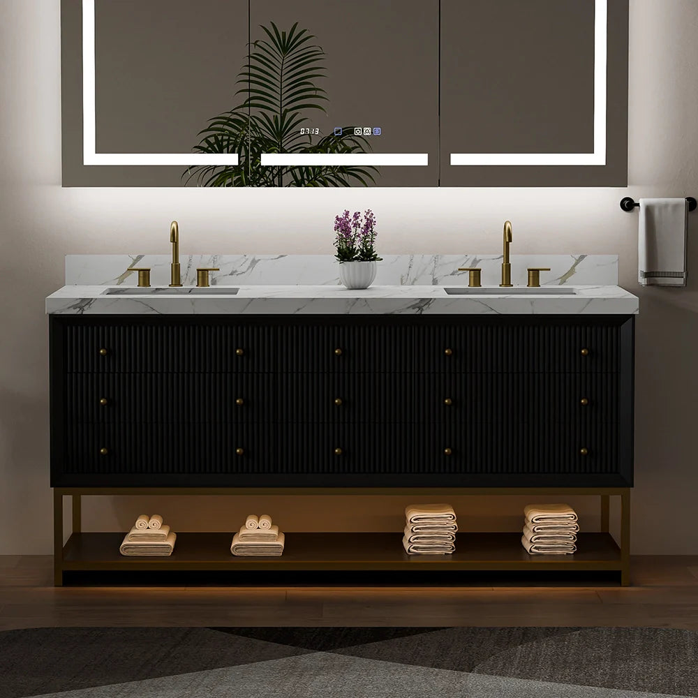 72-In Fluted Solid Wood Bathroom Vanity, PU Lacquer, Half-Frame Steel Base – Double Sink