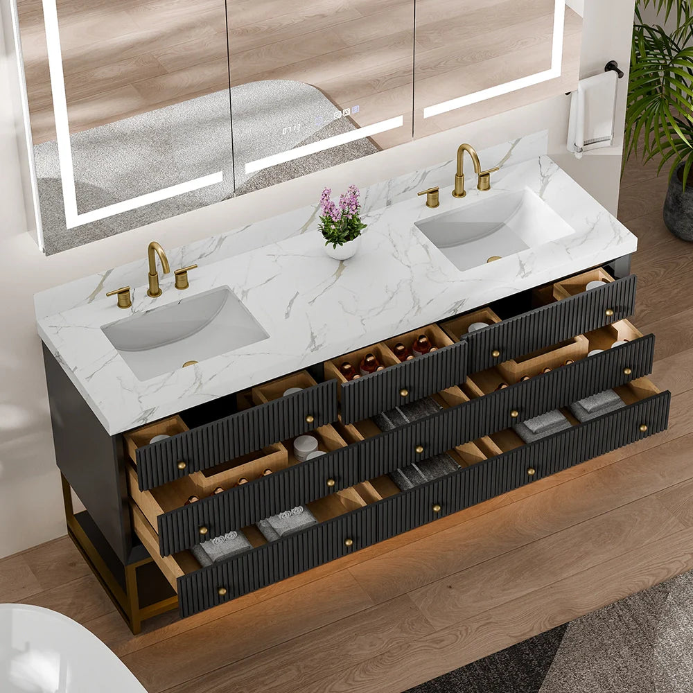 72-In Fluted Solid Wood Bathroom Vanity, PU Lacquer, Half-Frame Steel Base – Double Sink